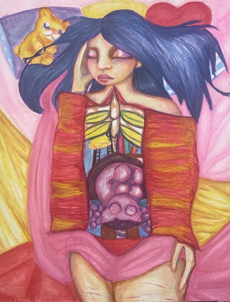 A watercolor image of a woman, vivisected. Inside of her body are various objects of interest.
